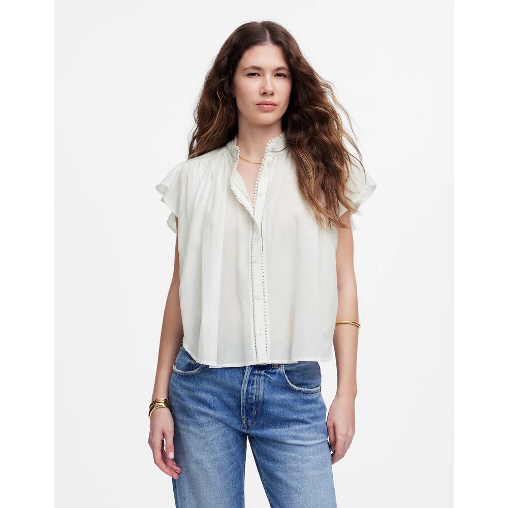 Madewell Women's Shirred Lace-Trim Blouse Top Regular Fit White Size Small NWT